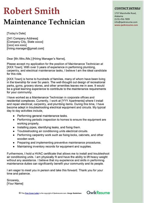 Maintenance Tech Cover Letter Examples And Tips