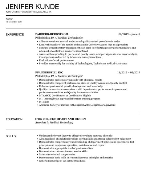 Med Tech Job Description For Resume